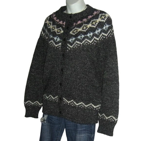 Idioms Sweater Vintage 90's Wool Blend Cardigan Fair Isle Ski Gray Pink Cottage - Picture 6 of 15